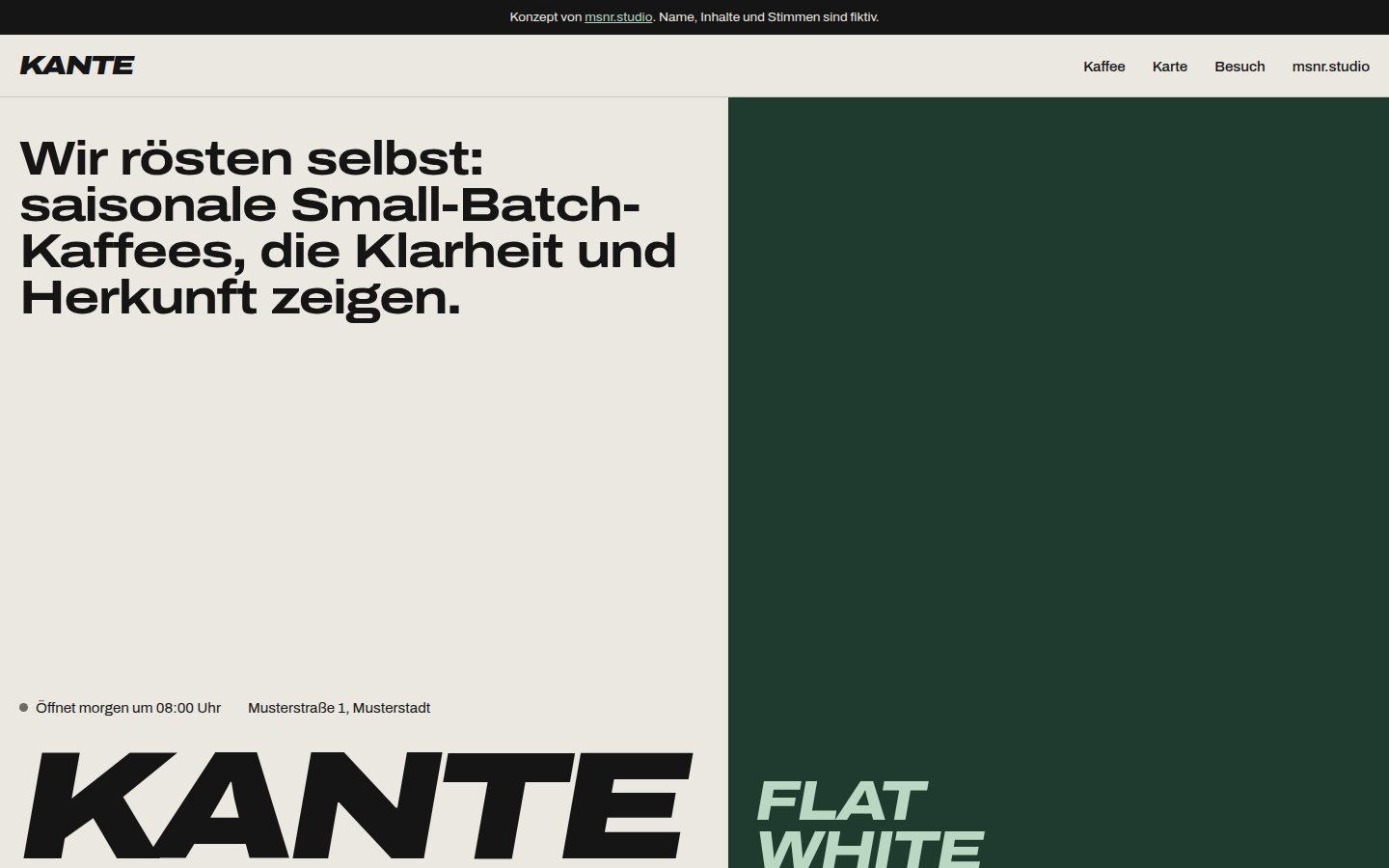 Website-Konzept Kante: Startseite mit großer Überschrift und Farbflächen